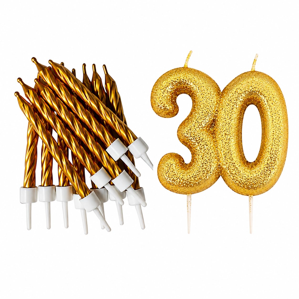30th Birthday Gold Candle Kit, Glitter Number 30 Candle with 12 Metallic Spiral Cake Candles and Holders, Birthday Cake Decorations, Pack of 13