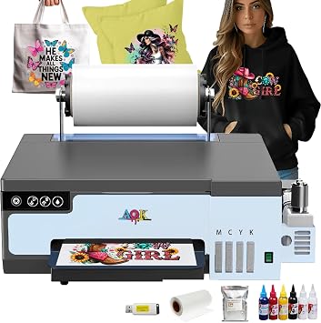 AOK DTF Printer A4 XP600 DTF Printer with Roll Feeder with White Ink T-Shirt Printing Machine for Hoodie Bags T-Shirt All FabricInk+Powder+Roller Film