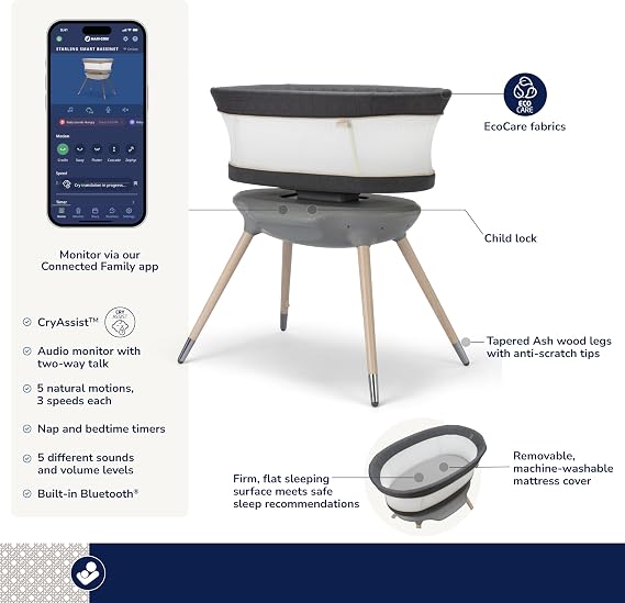Maxi-Cosi Starling Smart Bassinet, CryAssist AI Cry Translation, 5 Rocking Motions, Cozy Mattress Pad, Machine-Washable Cover, Built-in Bluetooth Speaker, Onyx Heritage, Baby Bassinet Rocking