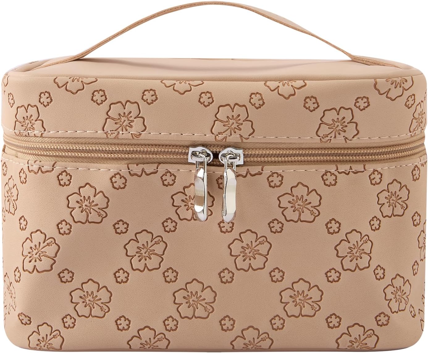 Brown PU leather Stylish Retro Makeup Cosmetic Toiletry Bag - Large Capacity Organizer with Premium PU, Anti - Wrinkle & Embossed floar Design