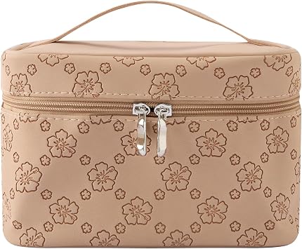 Brown PU leather Stylish Retro Makeup Cosmetic Toiletry Bag - Large Capacity Organizer with Premium PU, Anti - Wrinkle & Embossed floar Design