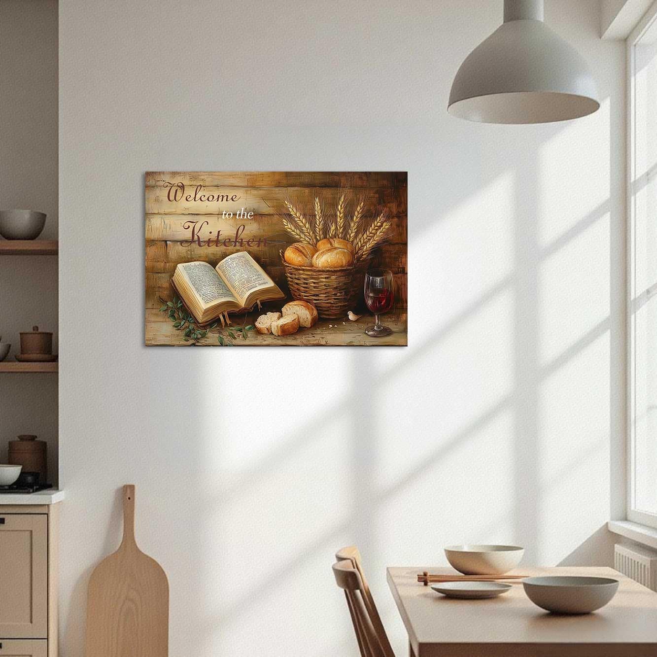 LZIMU Bread Wall Art Kitchen Pictures Rustic Christian Canvas Prints Farmhouse Brown Food Painting Holy Bible Verse Red Wine Glass Painting Vintage Dining Room Decor (18L x 12W)