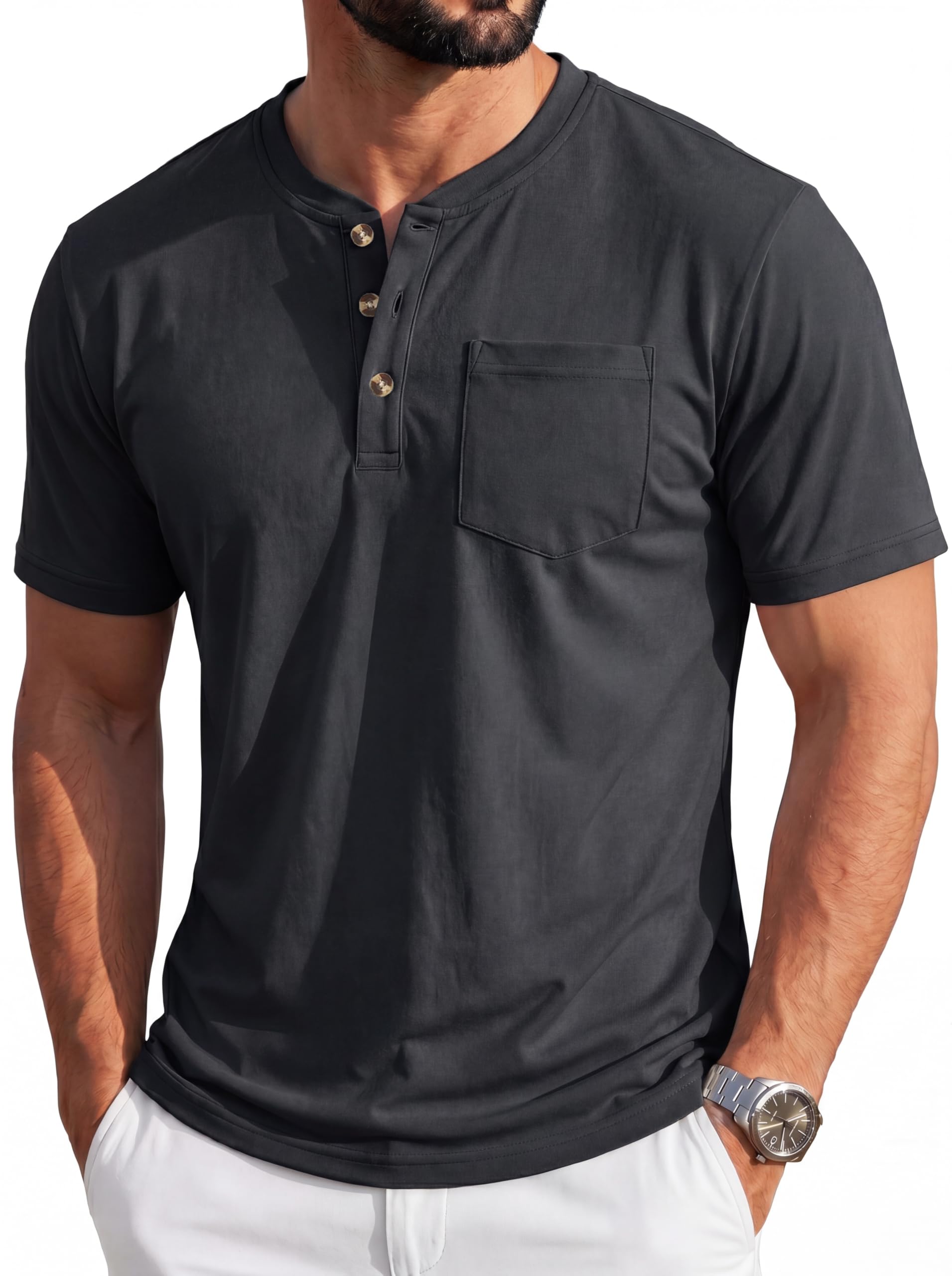 MAGCOMSEN Men's Henley Short Sleeve Shirt Cotton Lightweight Tee Shirts Casual Summer Basic Tees with Pocket