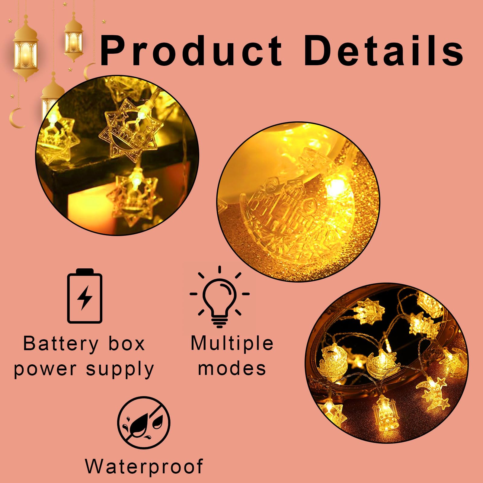 iwiio Eid Decorations, Eid String Lights, LED Ramadan Lights, 10ft Eid Fairy Lights, Eid Moon Star Kerosene Lantern Lamp - Image 3