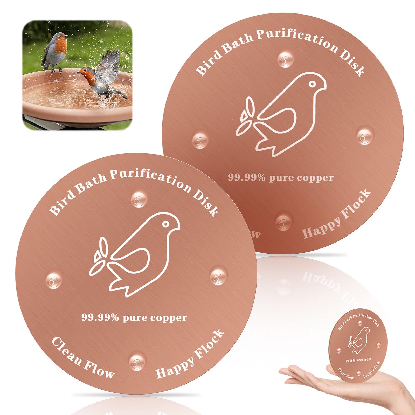 2Pcs Bird Bath Copper Discs, 99.99% Pure Copper Purification Disk with 4-Point Support, 0.7mm Thick Self-Cleaning Design for Fountains & Bird Baths, Cleaning Disk for Clean Water All-Season โ image 1