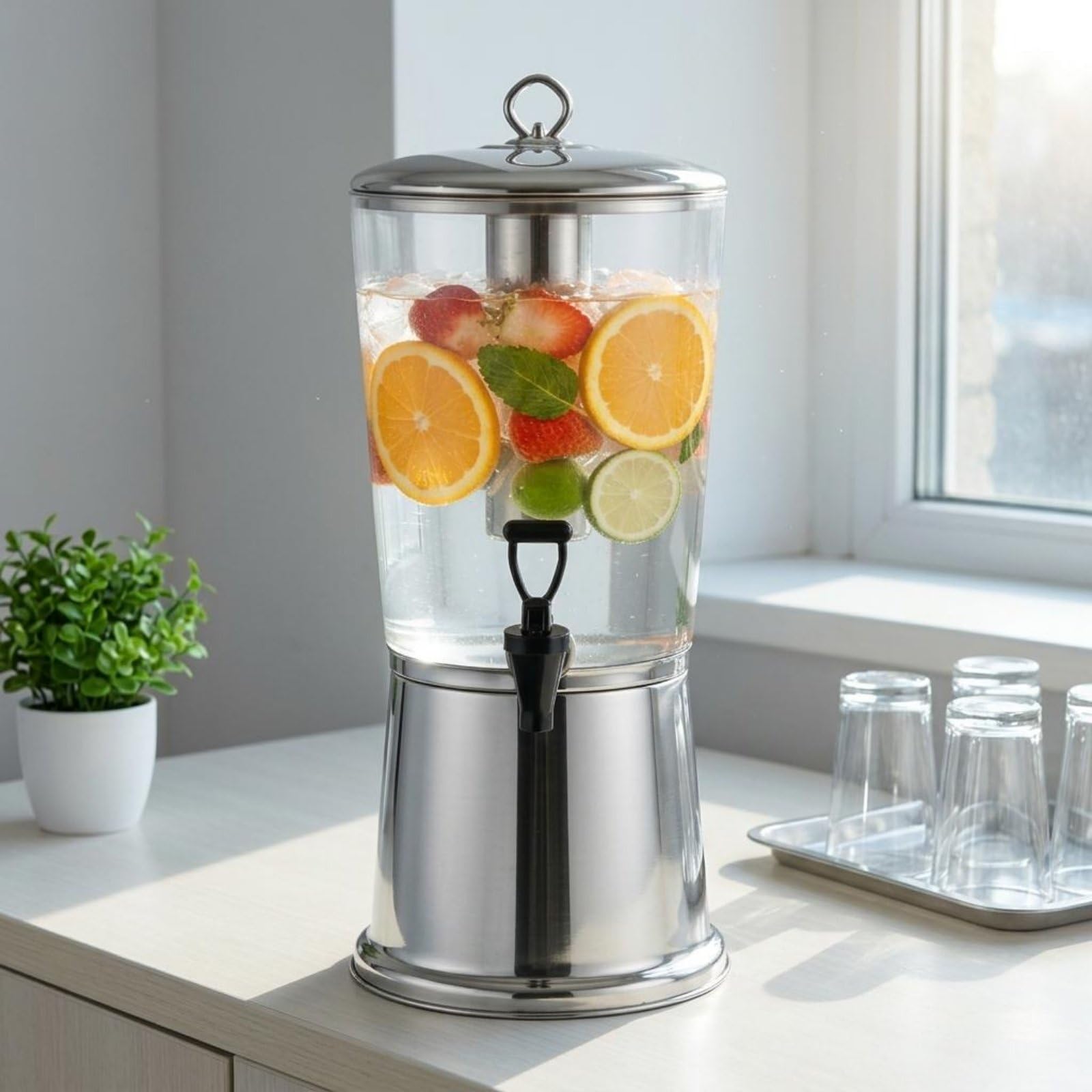 perfk Dispensador de Jugo Frío con Grifo Ergonómico Depósito de 8L Acero Inoxidable Cuerpo Transparente Estructura Desmontable Adecuado para Brunch Reuniones de Trabajo Restaurantes Hoteles
