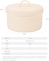 Vista 4 de Sea Team Round Cotton Rope Storage Basket with Lid, Lidded Woven Storage Bin, Nursery Storage Container, Diaper Caddy, Baby Shower Basket, Box, Cream