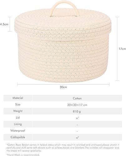 Miniatura 4 de Sea Team Round Cotton Rope Storage Basket with Lid, Lidded Woven Storage Bin, Nursery Storage Container, Diaper Caddy, Baby Shower Basket, Box, Cream
