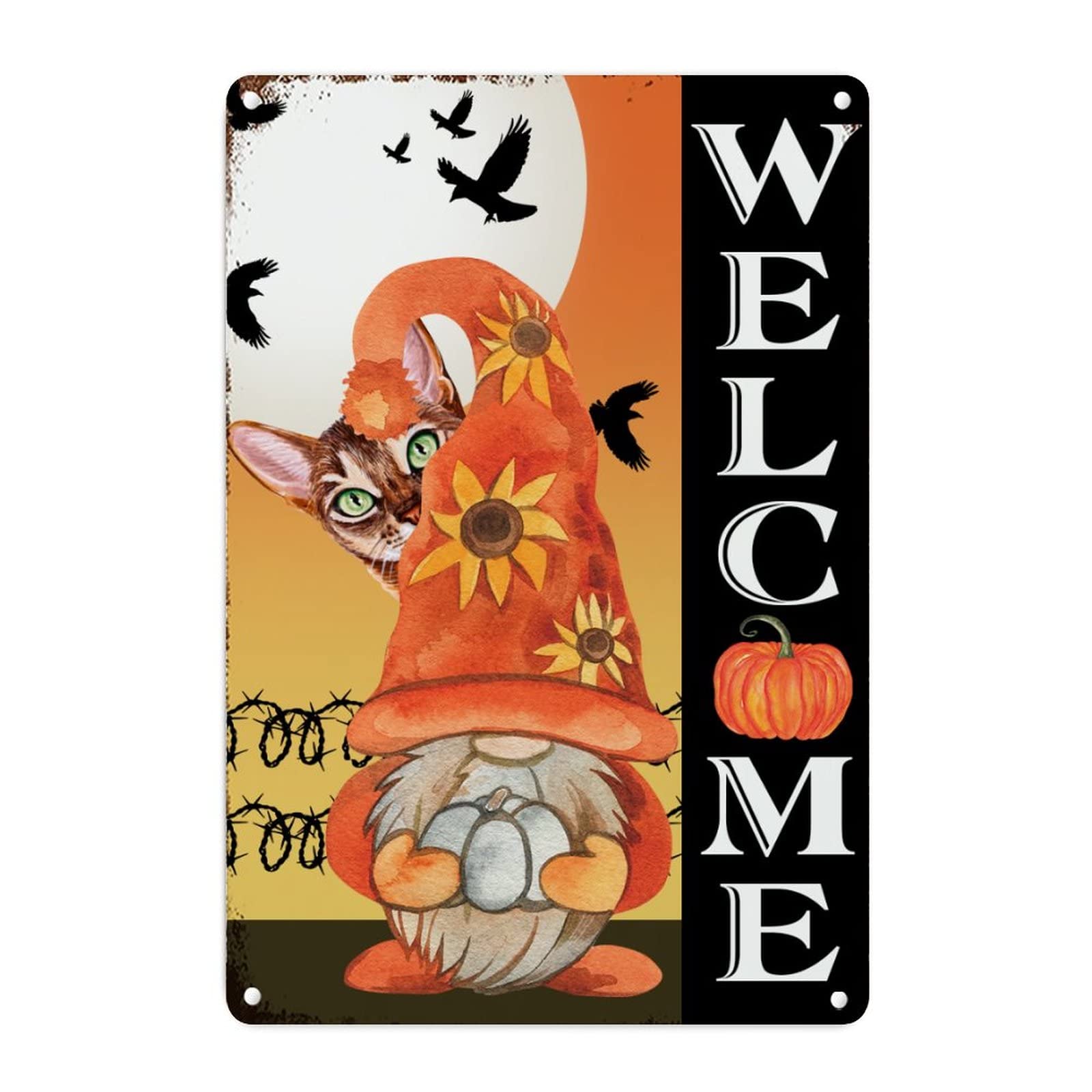 Plaque en étain Halloween coucher de soleil et citrouille vintage de 45,7x30,5 cm