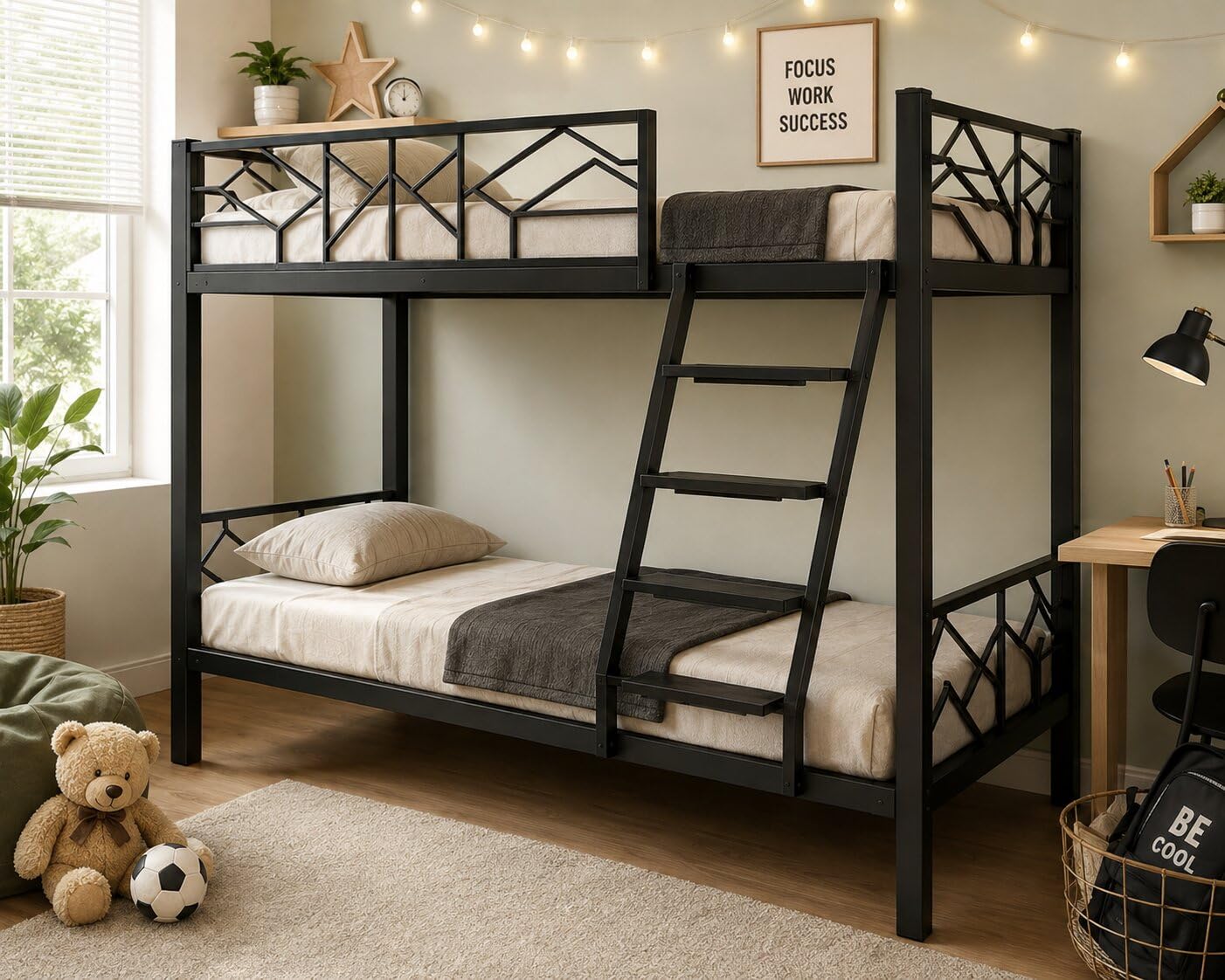 White Metal Bunk Bed for Kids & Teens | Double Layer Bunk Bed with Safety Guardrails & Ladder | Space Saving Twin Bunk Bed Frame for Bedroom, Hostel & Dormitory-image-20
