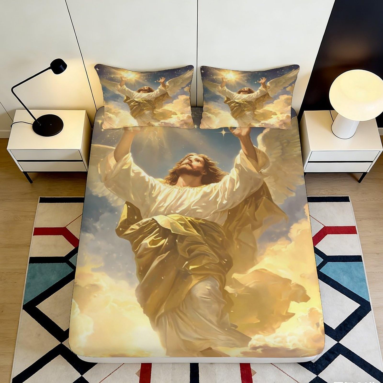 Zfldkwgb Style-2 3D Printed Ascension Jesus Fitted Sheet Microfiber Soft Gold Clouds Bed Cover For Bedroom Dorm Mattress Decor 90X200x25cm