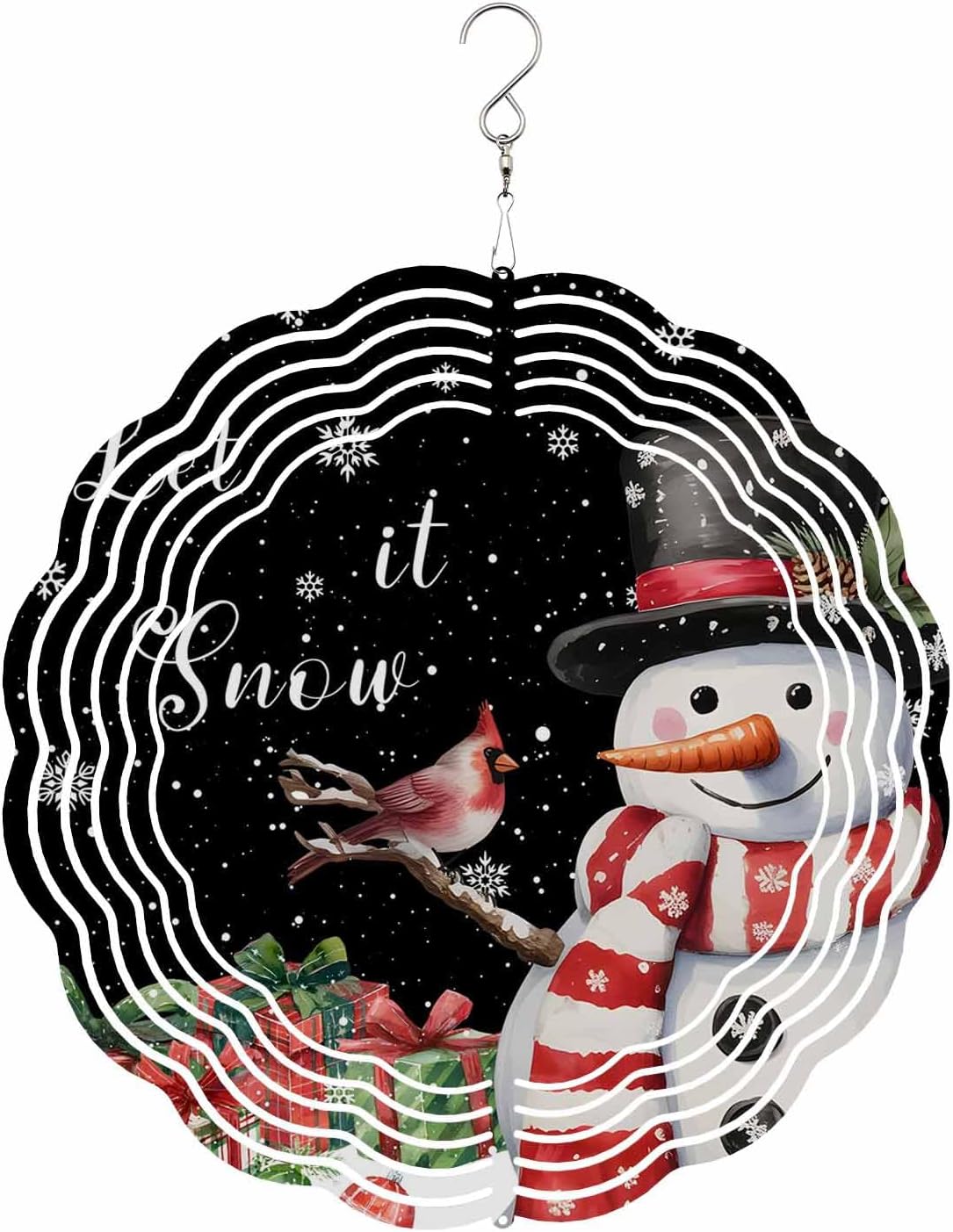 Christmas Snowflake Wind Spinner 3D Stainless Steel, 12 Inch Double Sided Circle Hanging Wind Spinners, Winter Snowman Bird Berry Black Garden Art Wind Sculpture for Yard Porch Front Door