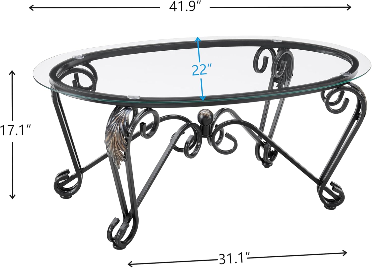 3-Piece Glass Coffee Table Set for Living Room, Rustic Black Metal Frame Accent Table Set with 1 Elliptical Center Coffee Table & 2 Round End Tables, Tempered Glass Top Vintage Furniture
