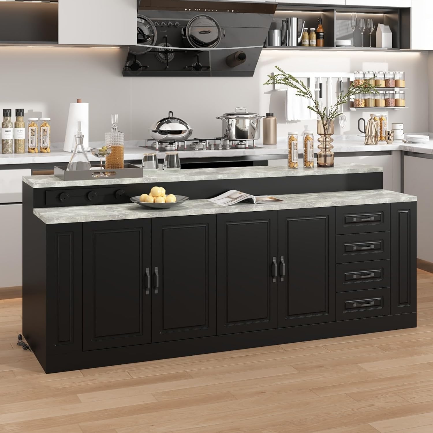 FAMAPY Large Stationary Kitchen Island with Charging Station, Modern Storage Kitchen Island Table with Drawers and Shelves, Marble Grey Desktops, Black 31.3”D x 94.5”W x 39.4”H