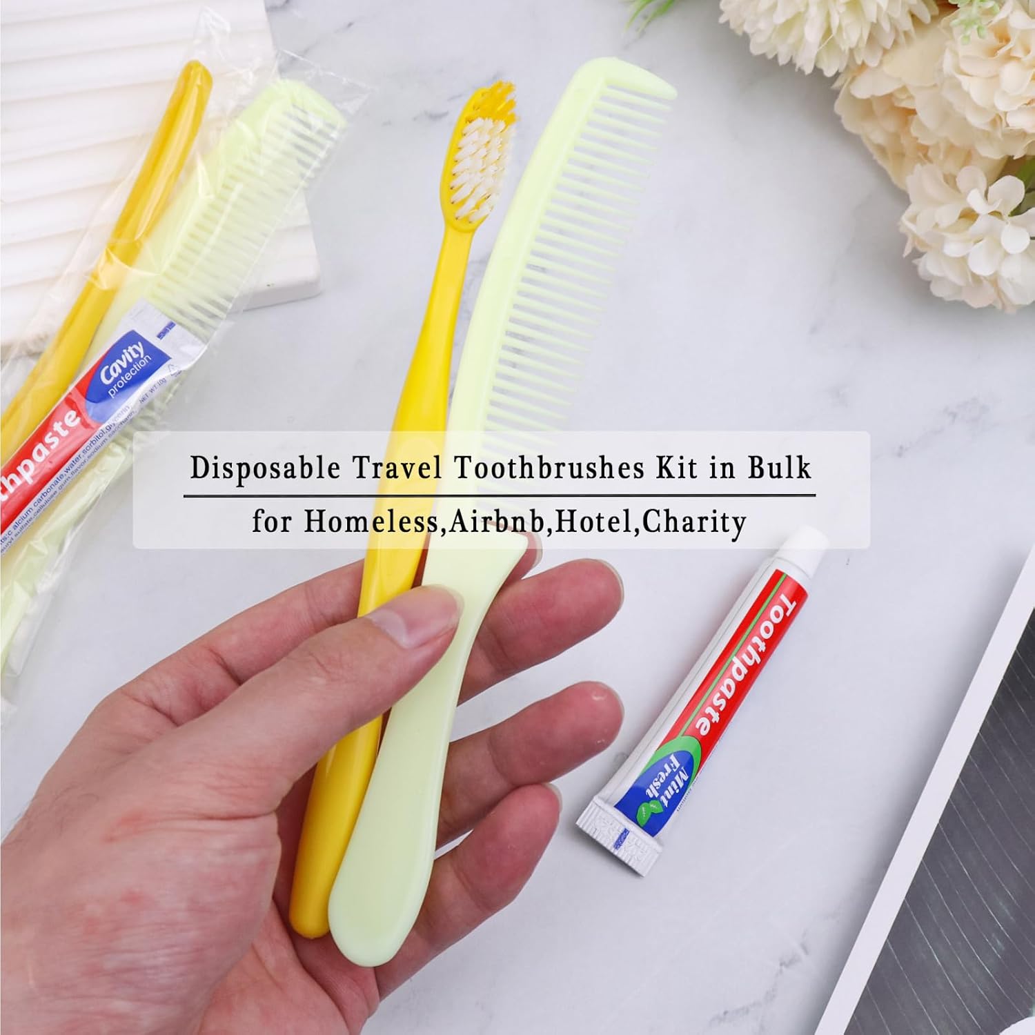 100 Pack Disposable Toothbrushes with Toothpaste and Comb Set,10g Toothpaste,7inch Hair Comb,Individually Wrapped Disposable Travel Toothbrushes Kit in Bulk for Homeless,Airbnb,Hotel,Charity