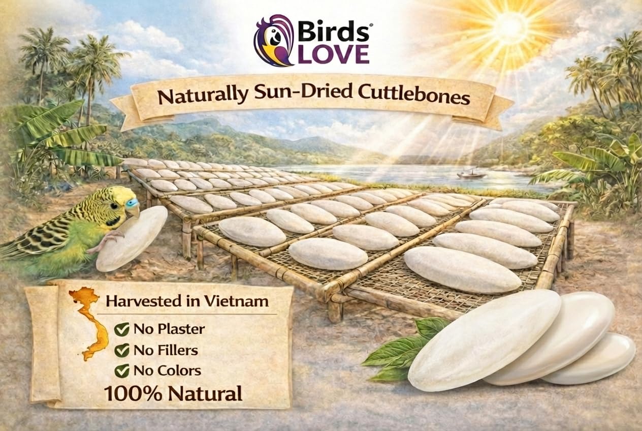 Birds LOVE 3.5-4″ Cuttlebones for Birds – 100% Natural Sun-Dried Calcium Carbonate Mineral Supplement – for Parakeets, Budgies, Cockatiels, Finches & Canaries – 12 Pack with Holder – Made in Vietnam - image 2
