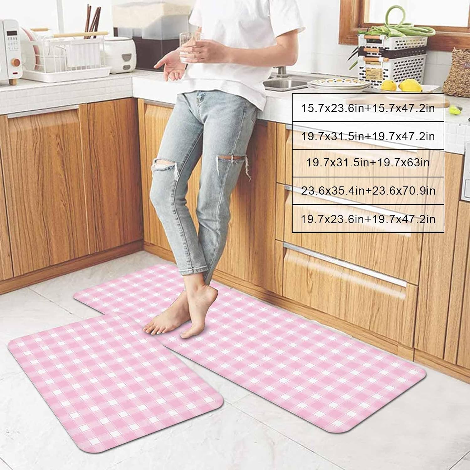 Pink White Plaid Kitchen Mat Set 2 Pieces Farmhouse Rustic Country Checkerboard Pattern Non Slip Kitchen Rugs Washable Runner Rug Mats for Floor Sink Laundry Office 19.7" x 31.5"+19.7" x 63"