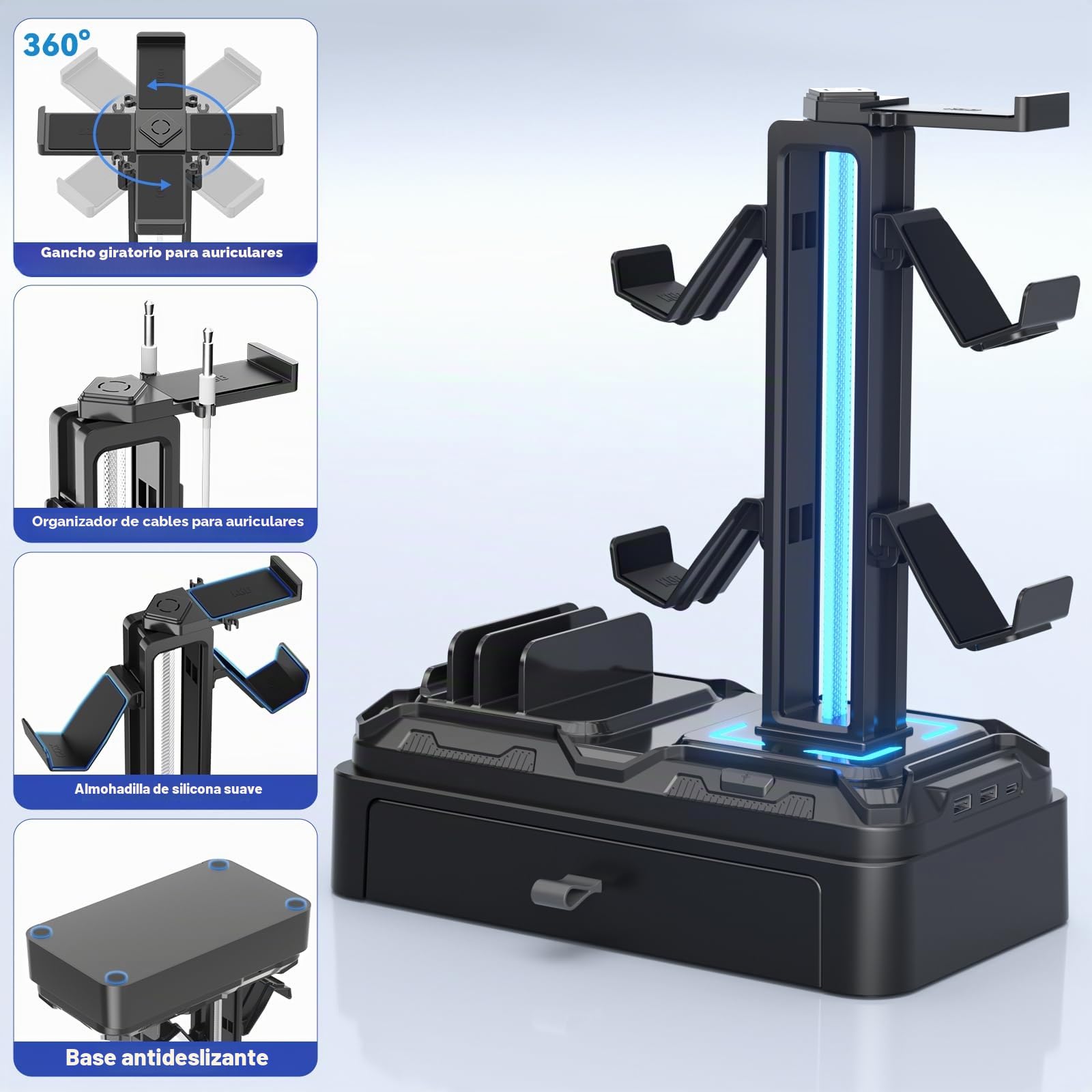 KDD Soporte Auriculares Gaming con Cargadores USB A Tip C, Soporte Cascos Gaming & Soporte Mandos PS5 Extraíble con Cajón para Móviles Tabletas para Escritorio Gamer Accesorios Gaming PC
