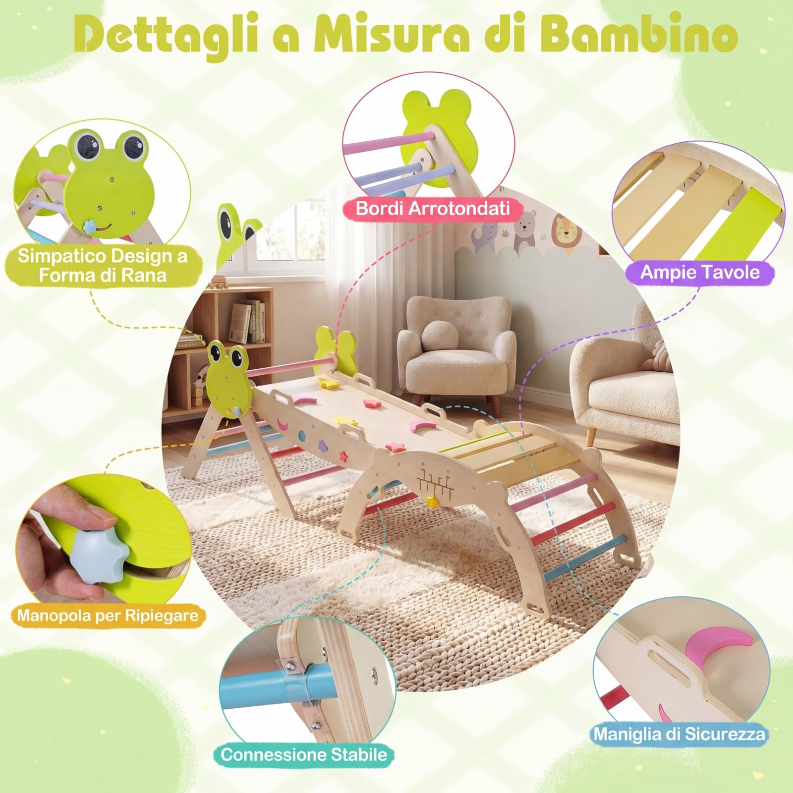 RELAX4LIFE Set da Arrampicata per Bambini, Triangolo di Arrampicata con Scivolo e Arco, Gioco di Incastri in Legno, Gioco Montessori per Bambini 1+ Anni (Rana-3 Pezzi | Colorato)