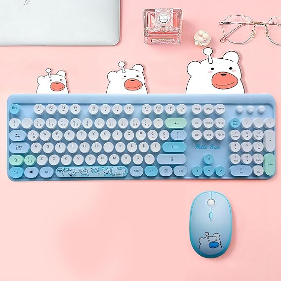 Microcase Mofii Teddy Bear Pattern Wireless Color Round Keyboard Mouse Set-AL4258 (Pink)