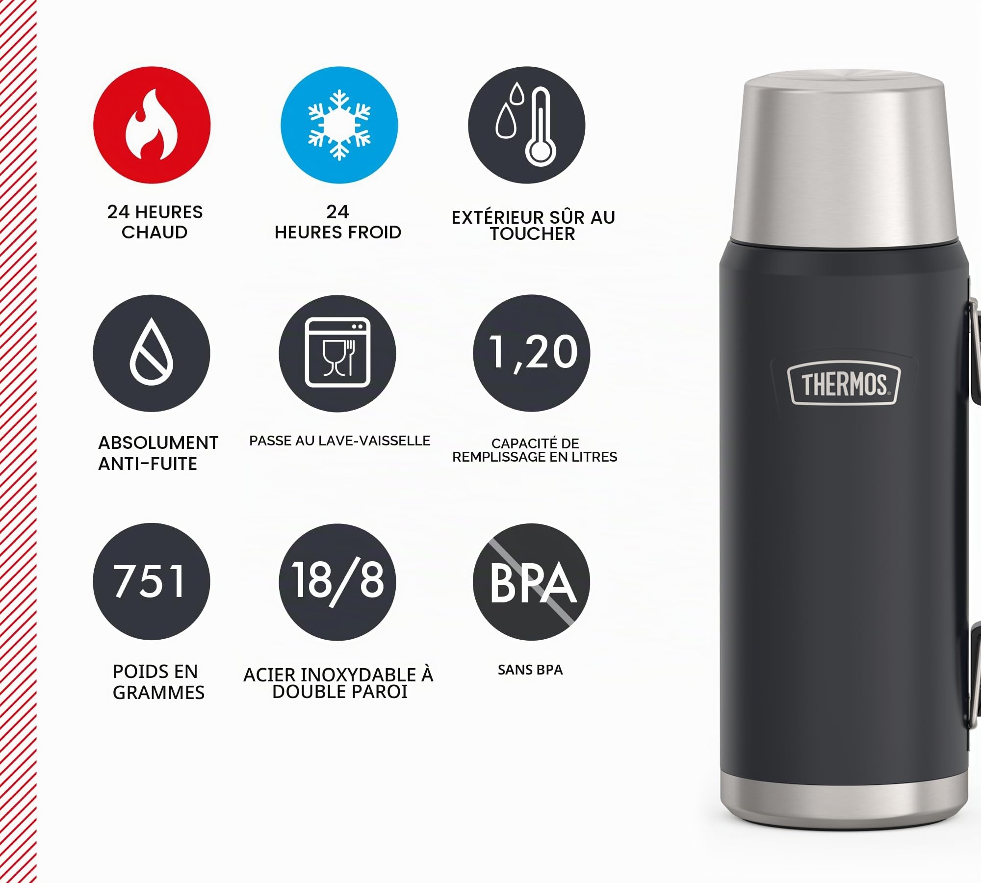 THERMOS ICON BEVERAGE BOTTLE Bouteille isotherme, 1,20 l, gris/graphite mat, 1200 ml, avec gobelet, avec poignée, chaude 24 h/froid pendant 24 h, passe au lave-vaisselle, entièrement étanche, sans