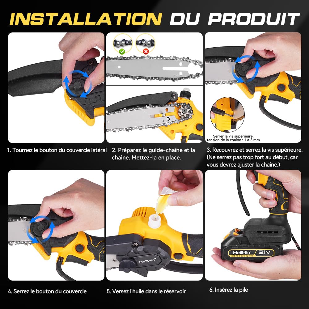 Mini motosega a batteria da 6 pollici con motore in rame puro da 1500 W e 2 batterie incluse – Sega da potatura a batteria, 6 m/s, 4000 giri/min, per giardino, legno e taglio di rami