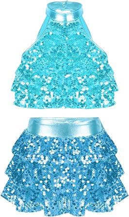 2 Piece Dance Outfits Set Kids Girls Sequins Metallic Crop Top with Skirt Jazz Latin Ballroom Disco Dancewear