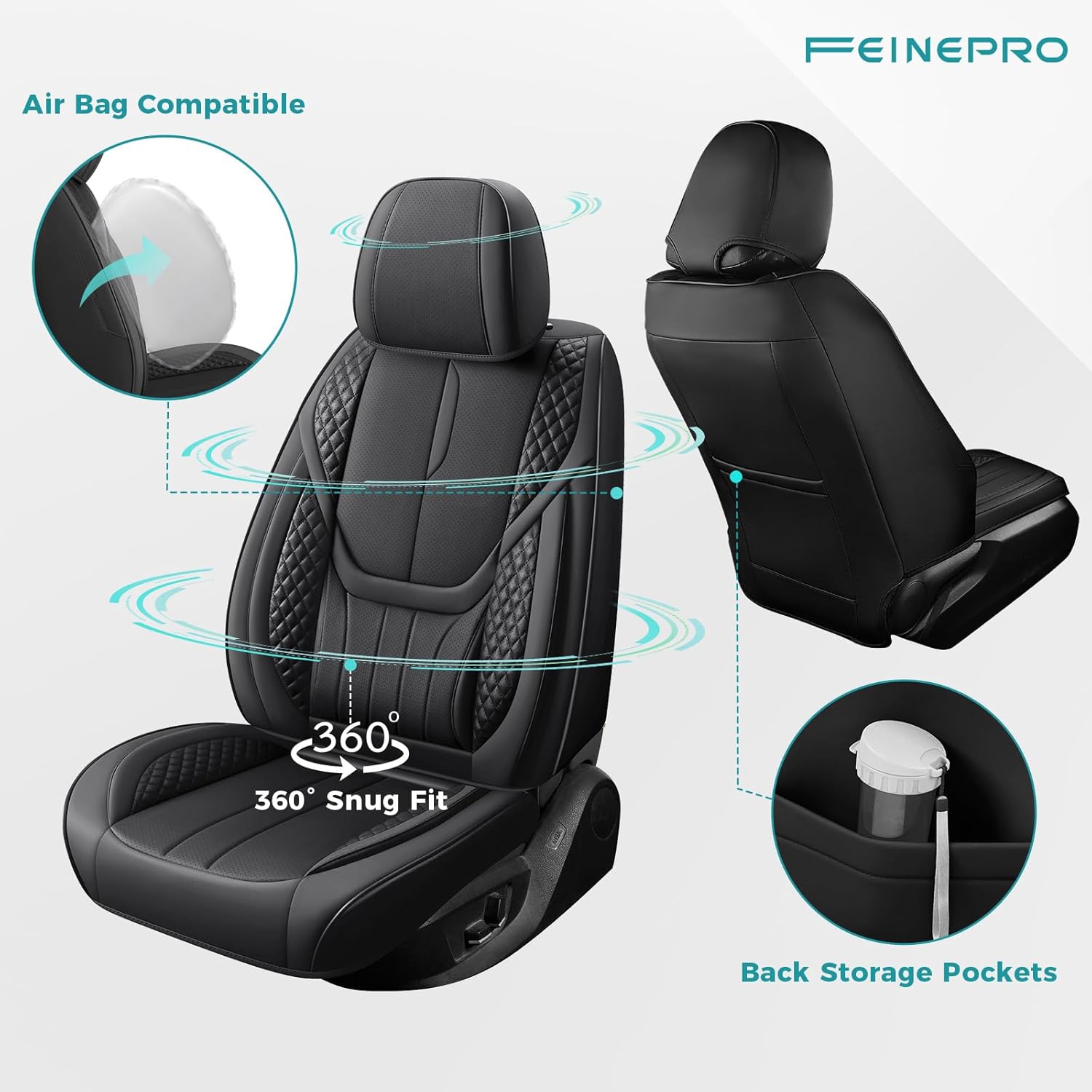 FEINEPRO Car Seat Covers Full Set - Universal Seat Covers for Cars SUV Truck – Faux Leather Automotive Seat Covers, Breathable & Waterproof Front and Rear Seat Protectors, Fit for Most Cars-Black Full-Set Black