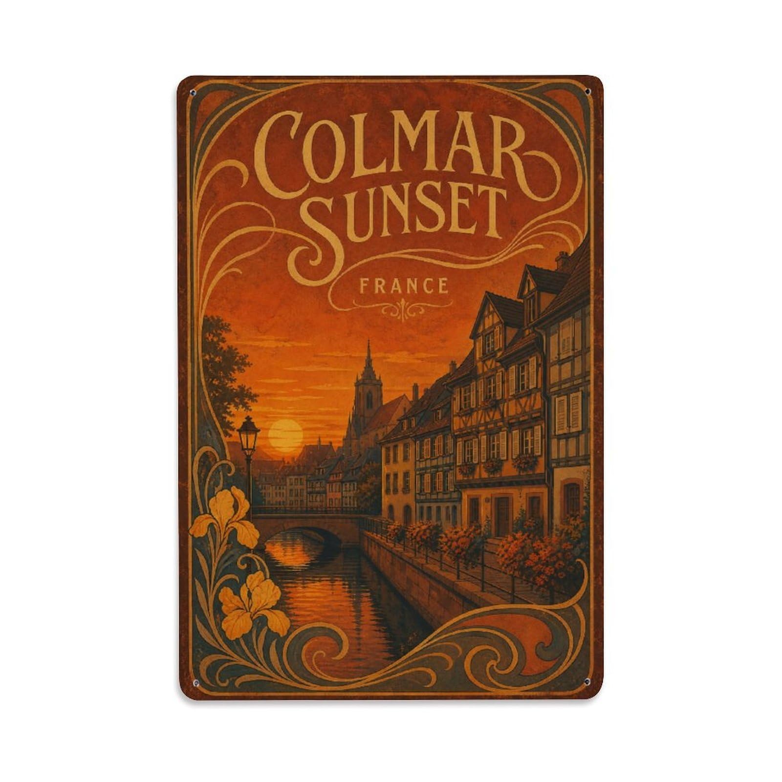 Gead 8X12inch Style Vintage Travel Colmar France Sunset Metal Tin Sign