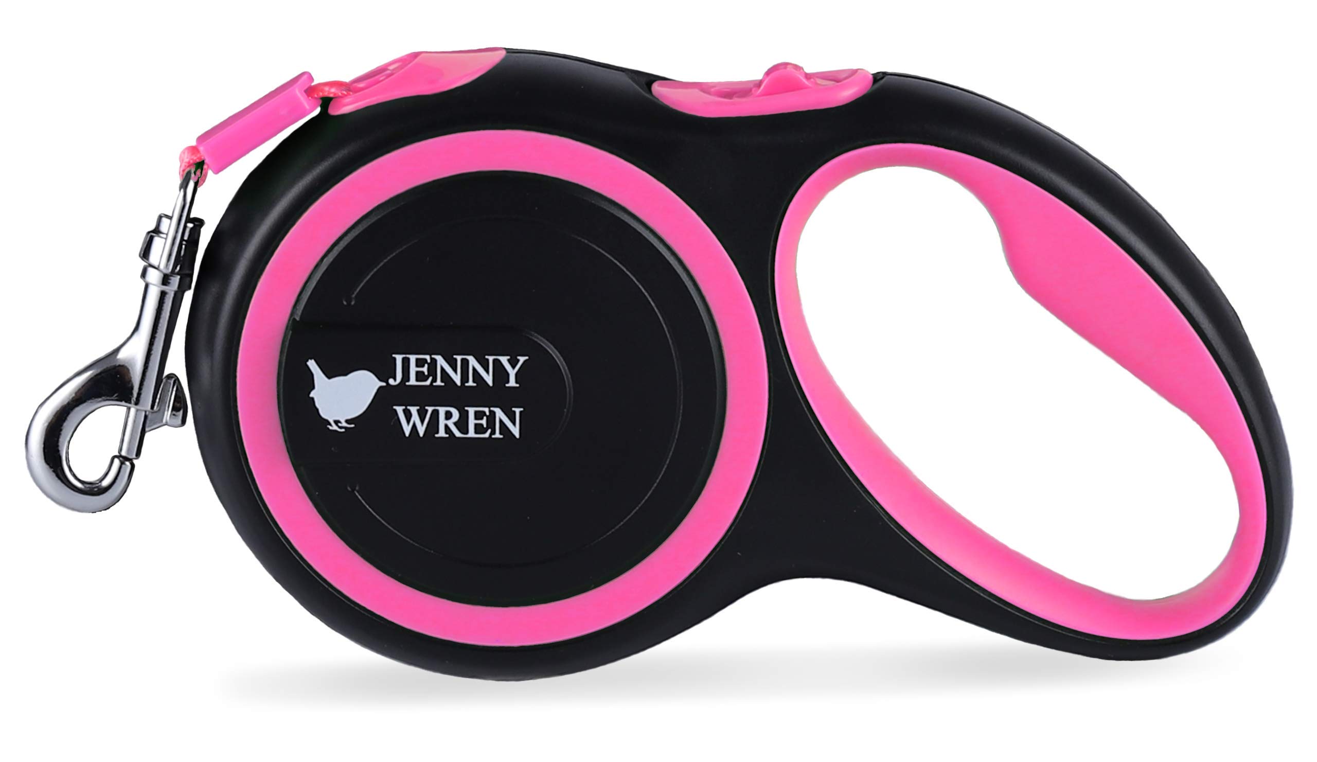 Jenny Wren - Guinzaglio retrattile per cani con manico antiscivolo, nastro in nylon resistente, freno con una sola mano, pausa, blocco