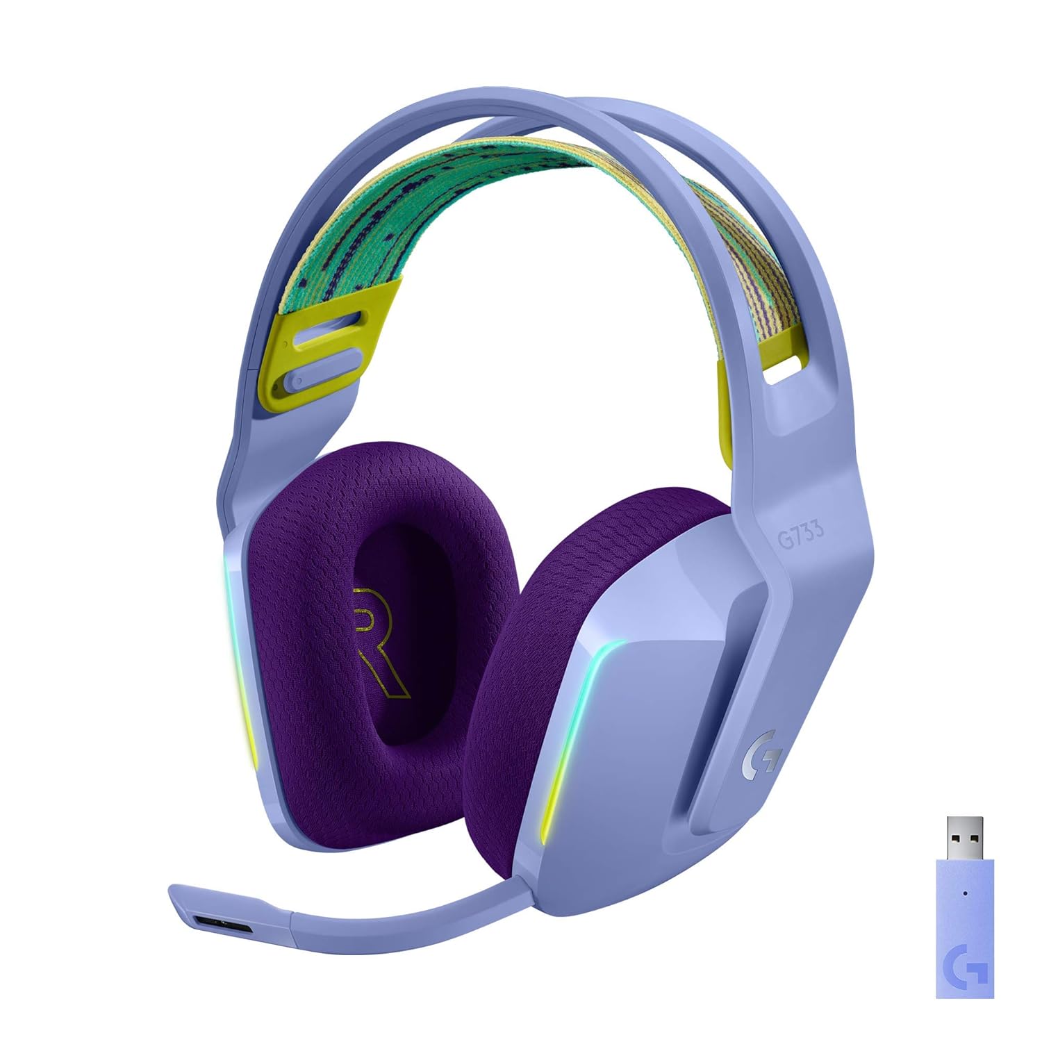 Logitech G733 Lightspeed Wireless Gaming Headset with Suspension Headband, LIGHTSYNC RGB, Blue VO!CE mic Technology and PRO-G Audio Drivers - Lilac