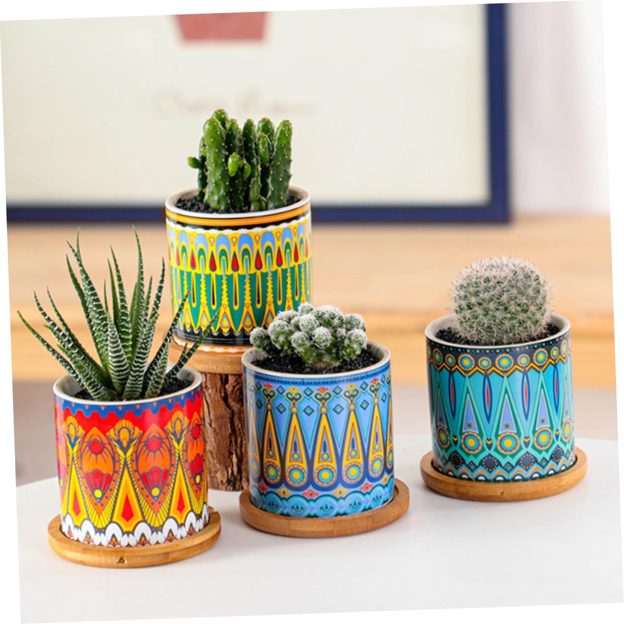 Yardwe Set 8 Pezzi Vasi Succulenti Cilindrici in Ceramica Motivo Mandala, Mini Vaso di Fiori per Piante Grasse, Ornamento per Casa e Ufficio 4 Supporti in Bambù Colorati