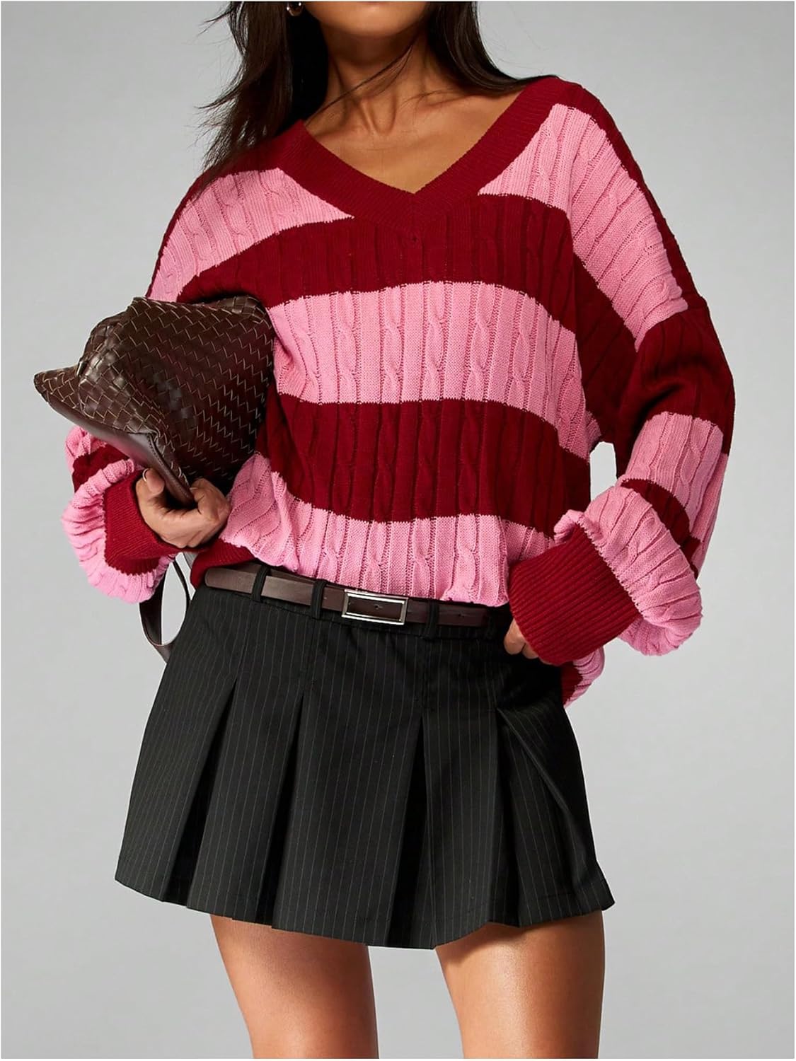SHENHE Women's Oversized Striped Sweater V Neck Long Sleeve Preppy Cable Knit Pullover - Image 3