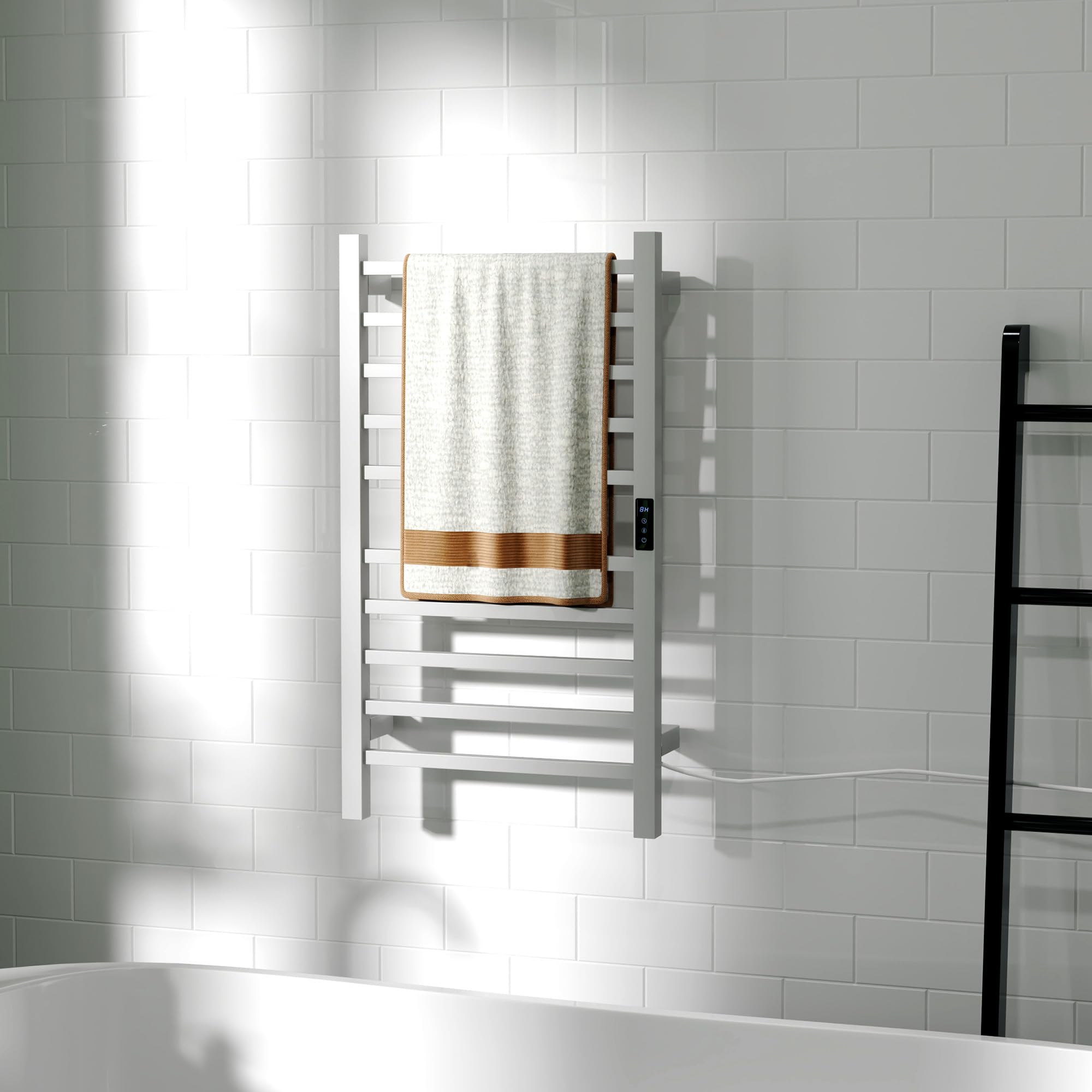 HOMCOM Toallero Eléctrico de Pared con Control WiFi 110W Blanco | Radiador Toallero Eléctrico, Pantalla Táctil, Temporizador, 10 Barras, Temperatura Ajustable, Bajo Consumo, IPX4, Baño