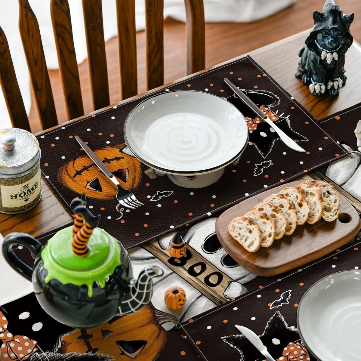 Artoid Mode Black Cat Ghost Boo Halloween Placemats Set of 4-12 x 18 Inch