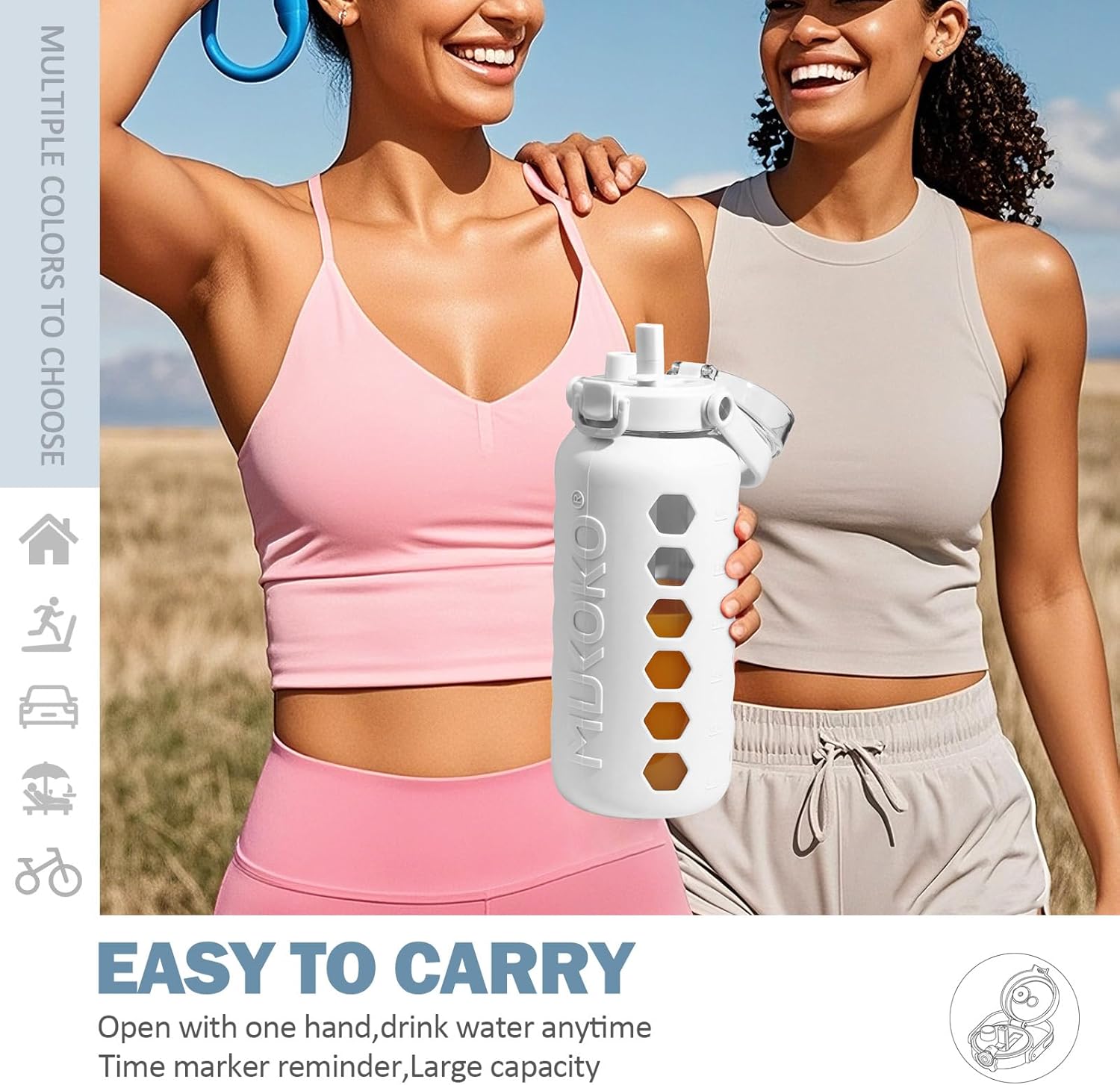 MUKOKO Half Gallon/64 oz Glass Water Bottles with Straw and Lid,Motivational Water Jug with Time Marker Reminder and Silicone Sleeve,100% Leakproof BPA Free Fitness Sports Large Bottle-White - Image 6