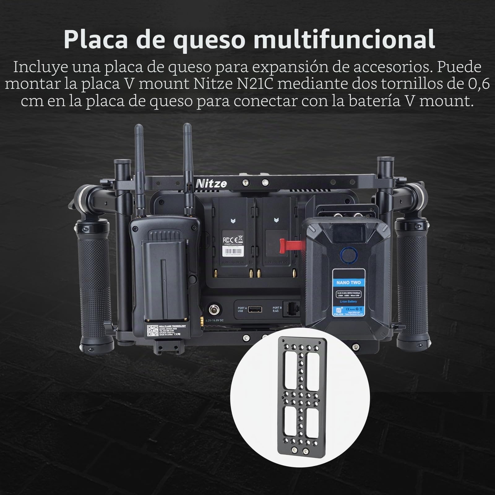 Nitze Director's Monitor Cage para Monitores LCD de 5"/7"/9", Jaula Universal para Monitor con Mango Lateral de Goma Ajustable - JSQ-002 | Asas ajustables, plato de queso