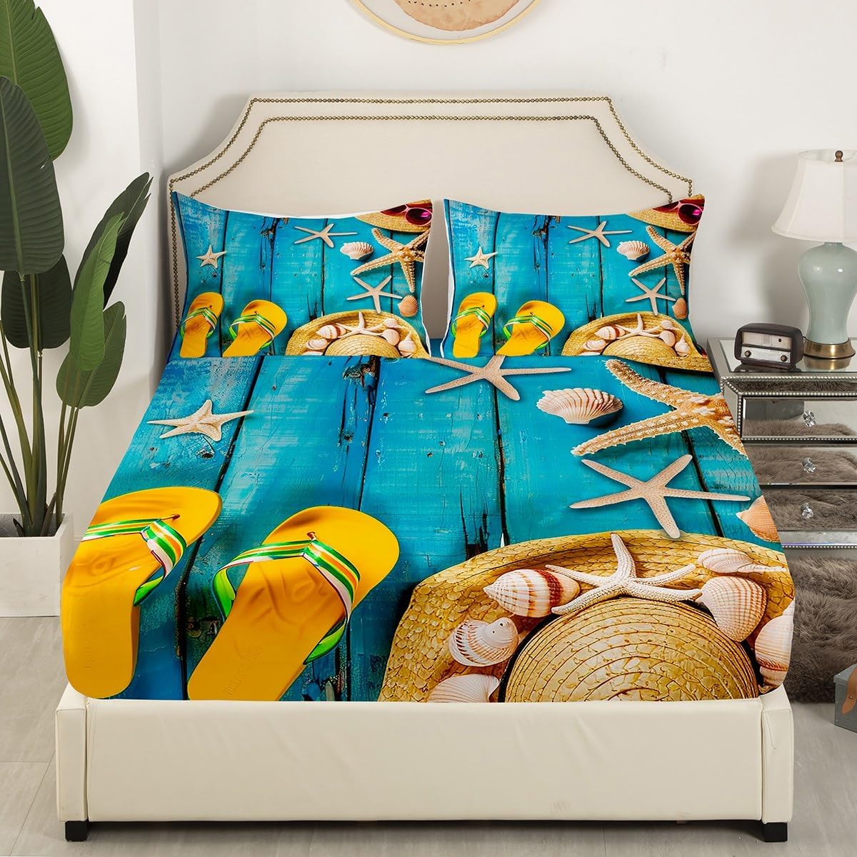 Hawaii Beach Sheet Set Queen, Farmhouse Lodge Cabin Bed Sheets Set for Kids Teens Adult, Sunglasses Flip Flops Printed Flat Fitted Sheet, Starfish Vacation Style Sheets 4Pcs with 2 Pillow Cases