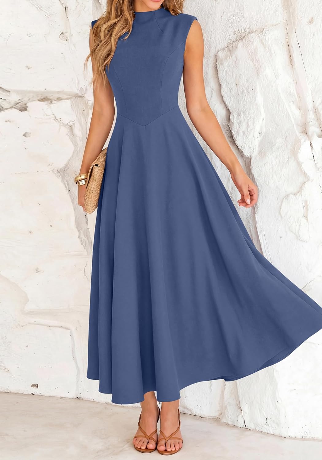 BTFBM Summer Dresses for Women 2026 Mock Neck Sleeveless High Waist Flowy Aline Maxi Spring Wedding Guest Dress Cocktail - Image 7