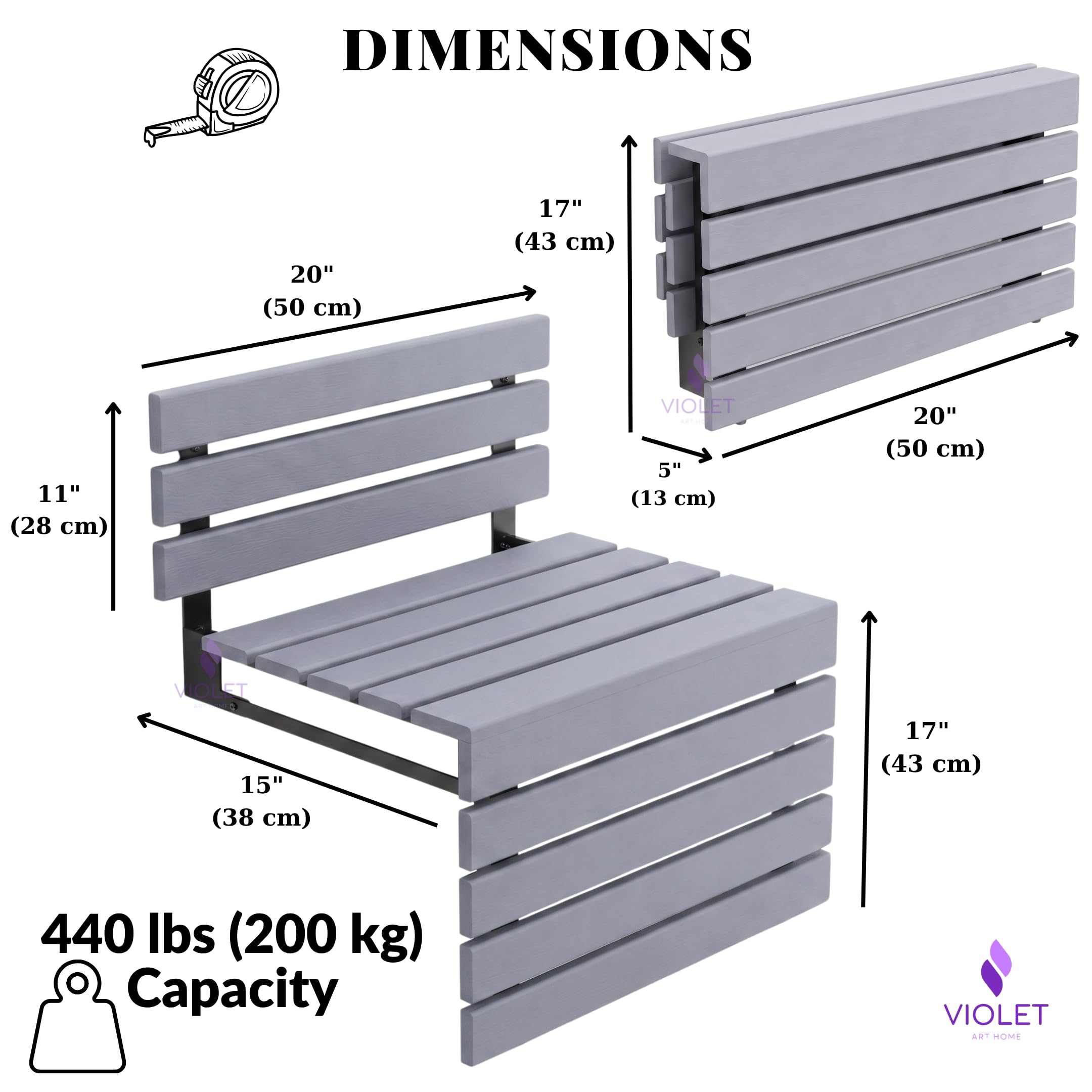 Asiento de ducha plegable de 20 pulgadas con respaldo, banco de madera de teca y acero inoxidable con patas de apoyo, taburete de seguridad impermeable hecho a mano, diseño de ahorro de espacio (gris)