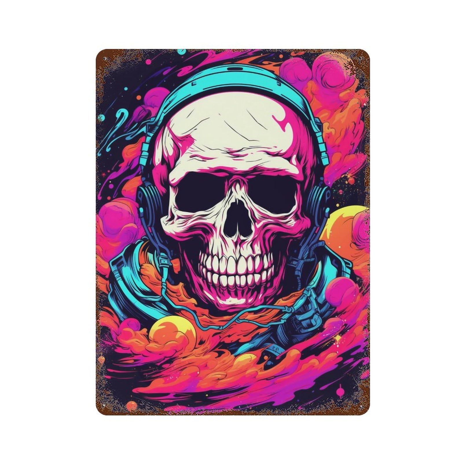 Skull Headphones Music Artwork 15.7"x11.8" Retro Metal Sign, Old School Wall Decor for Office, Studio And Wall Decor