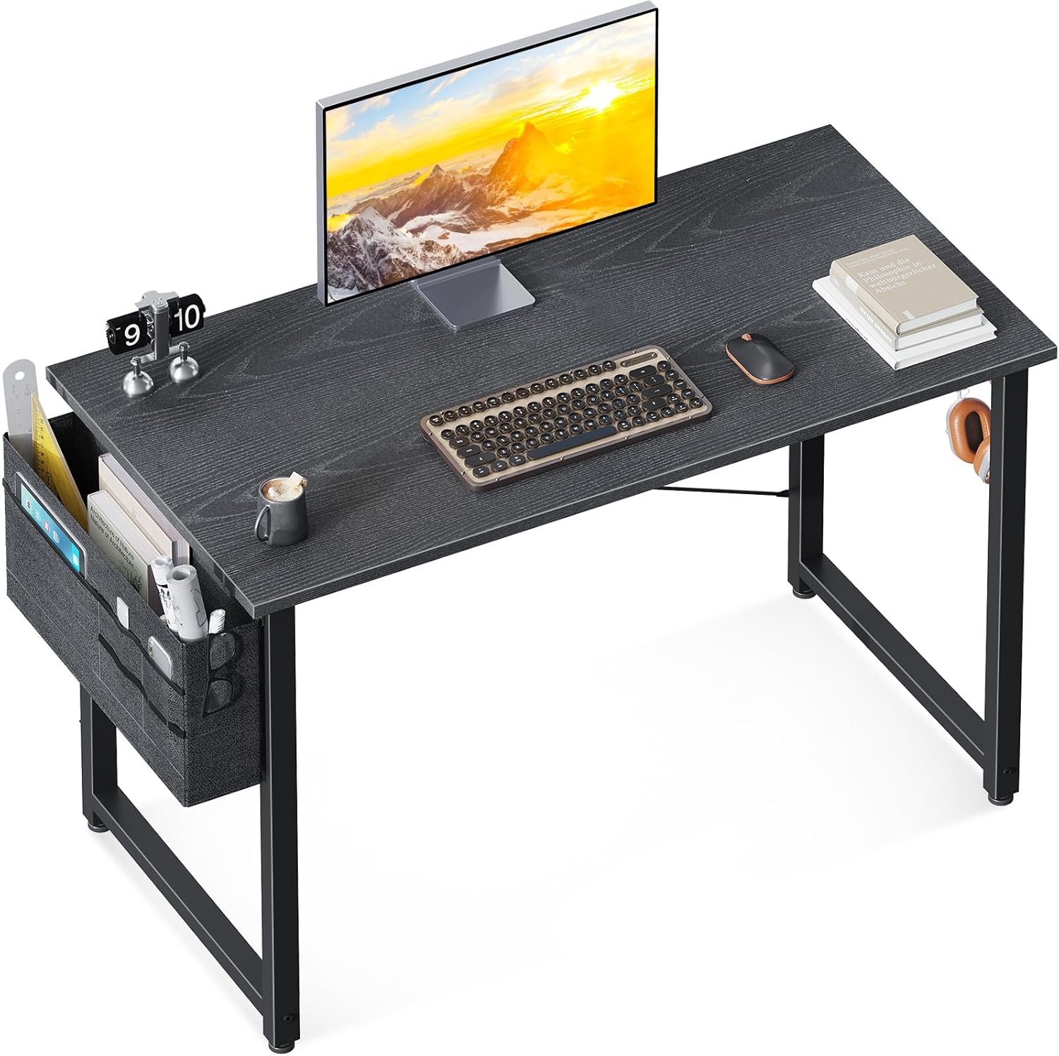 ODK Study Computer Desk 40 inch Home Office Writing Small Desk, Modern Simple Style PC Table with Storage Bag and Headphone Hook, Espresso Gray