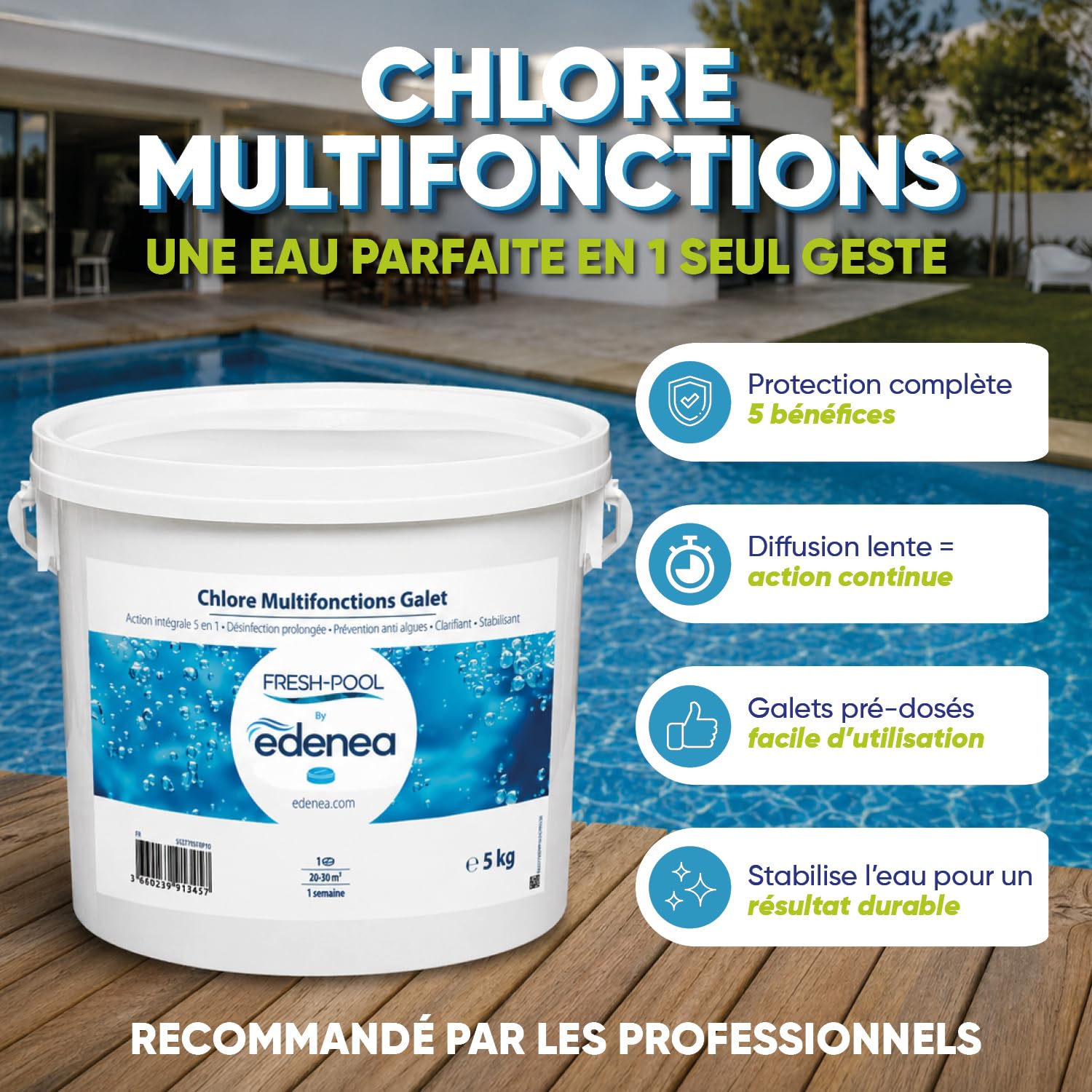 Fresh-Pool - Chlore Multifonctions Piscine Galets 200g - Traitement Complet - sans Cuivre - 5kg