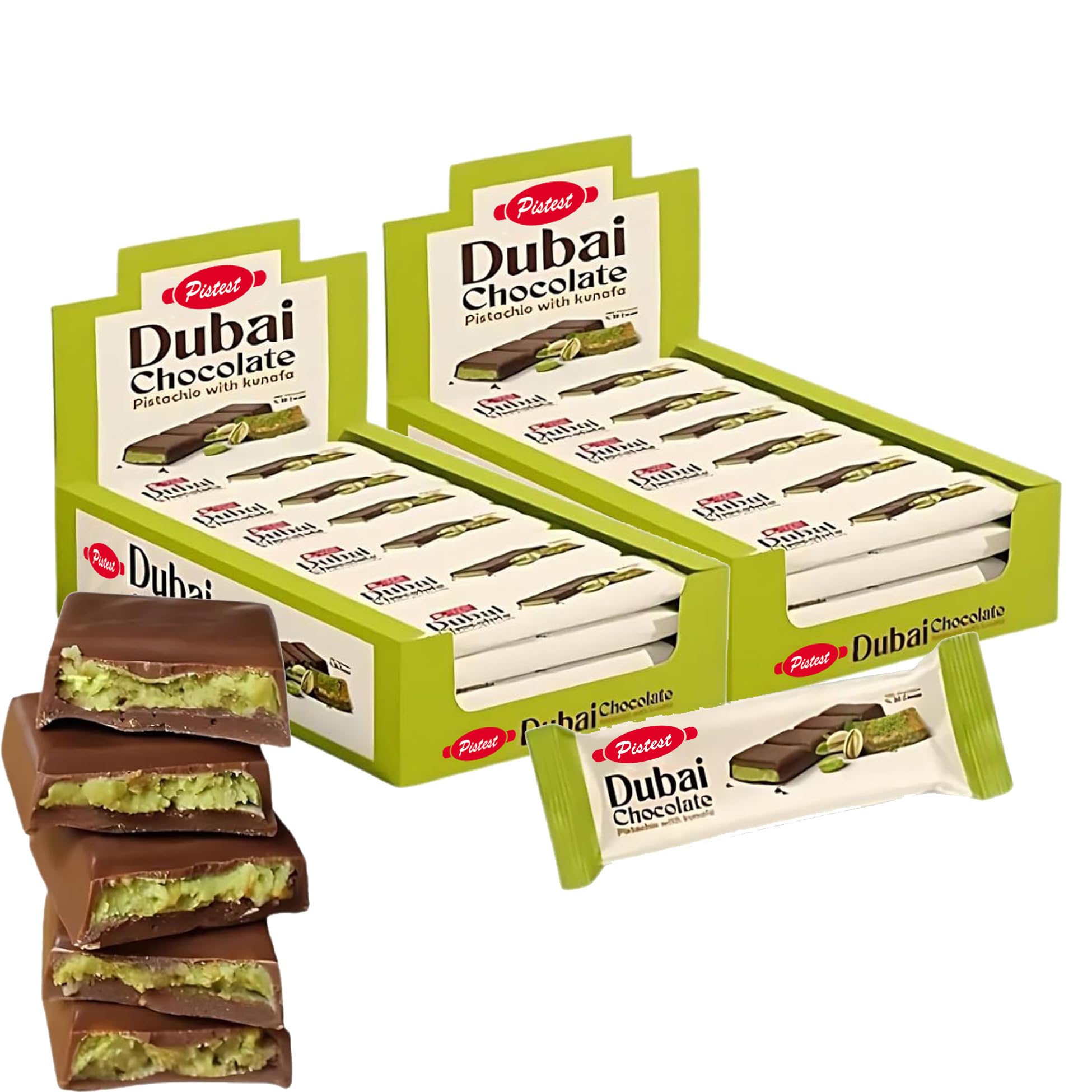 Dubai Kunafa Pistachio Chocolate Bars – Pack of 48 (27g Each) – Dubai Chocolate with Shredded Phyllo Dough – Freshly Made, 2.86 lbs – Ideal Gift for Holidays, Birthdays, Corporate Events & Celebrations