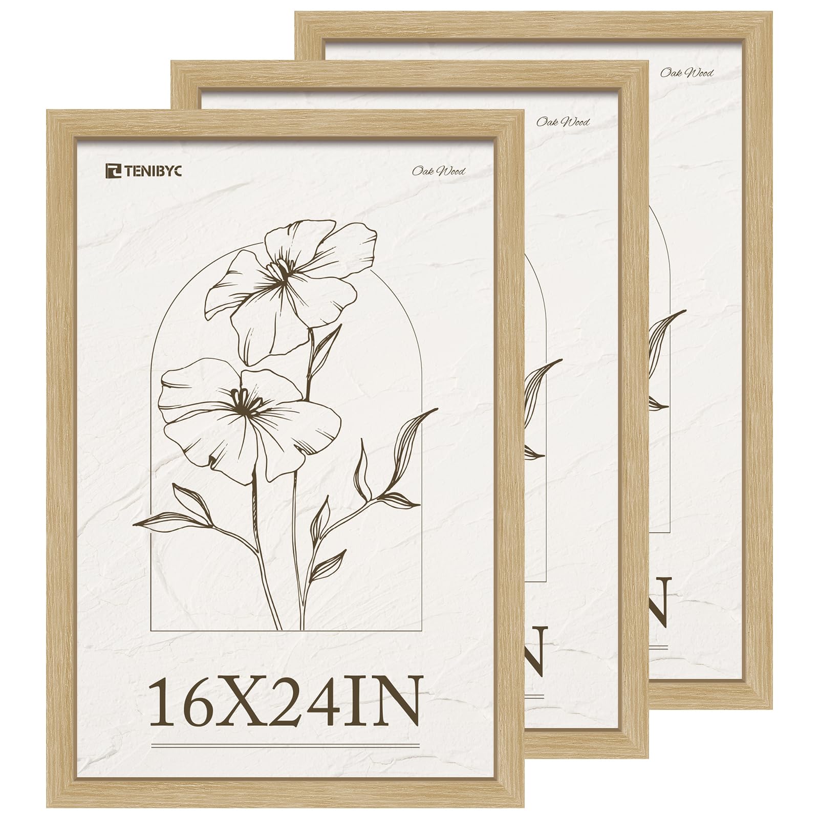 16x24 inches frame set of 3, natural oak wood grain, wall hanging picture frame for photos, posters, paintings & puzzles