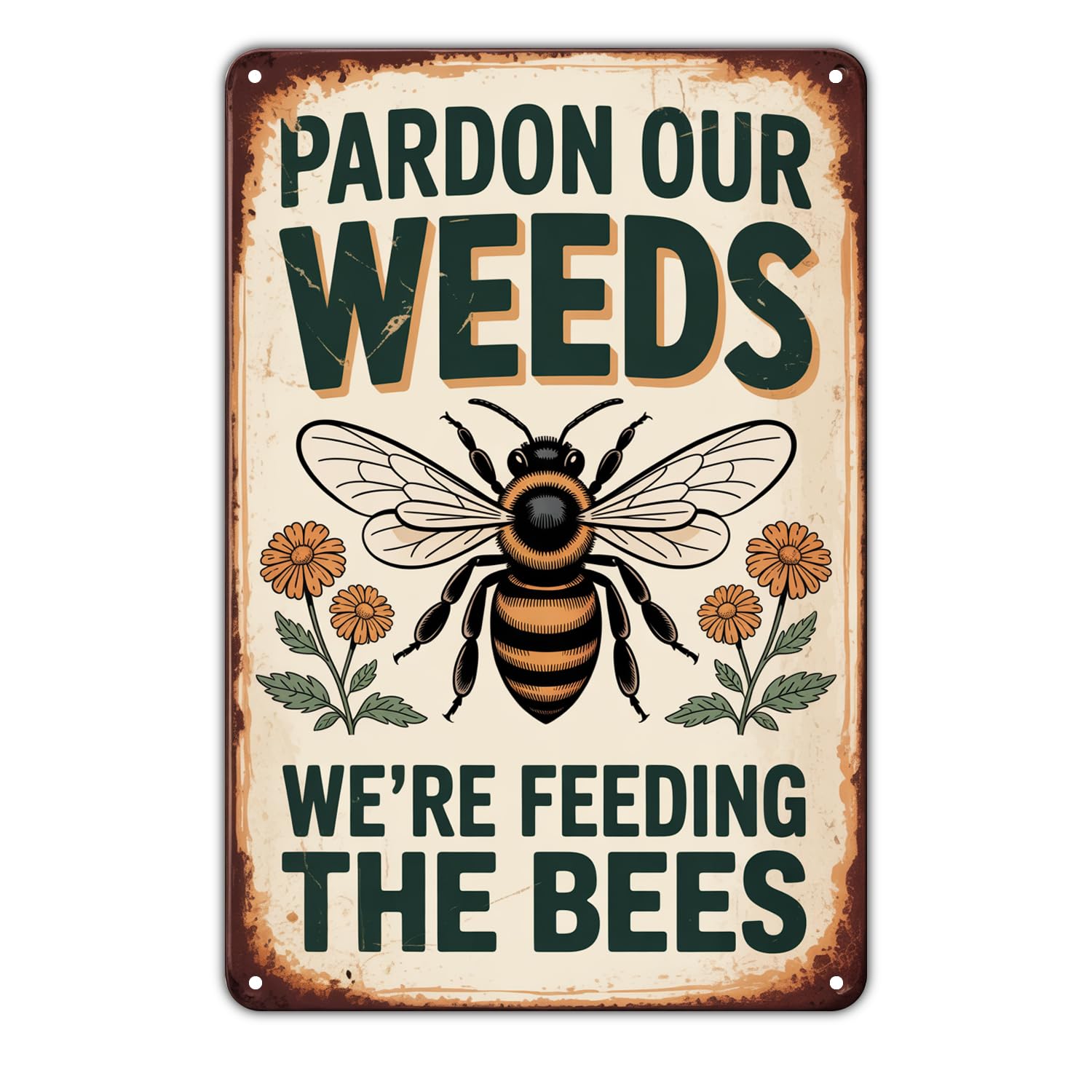 Pardon Our Weeds Honey Bee Tin Sign Vintage Bee Feeding Metal Sign Print Aesthetic Metal Tin Sign 8X12 Inch
