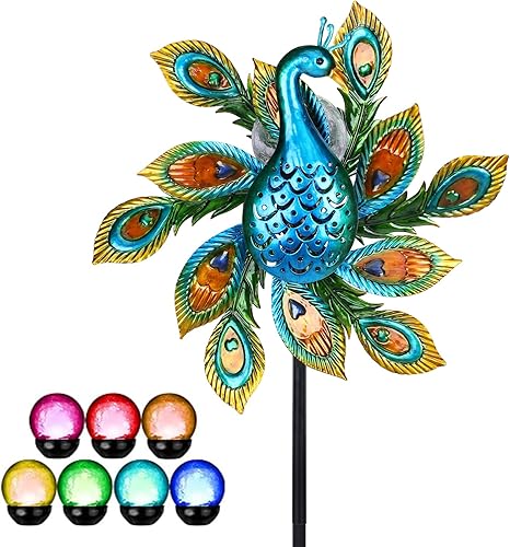 Miniatura 9 de Molinillo de viento solar para exteriores de metal cinético con iluminación LED, bola de vidrio, pavo real con estaca, molino de viento decorativo