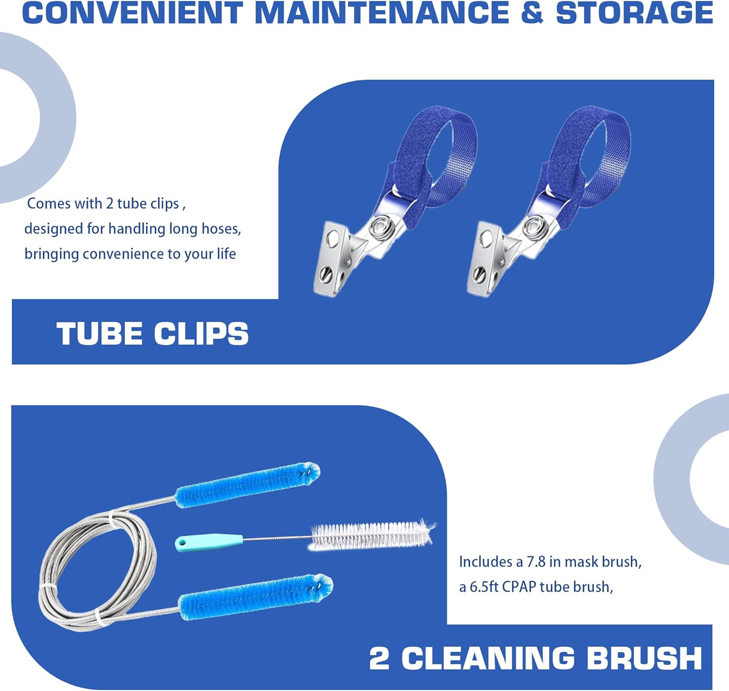 Complete CPAP Cleaning Kit, 6.5 ft Tube Cleaning Brushes Compatible with 15mm and 20mm Hose, Cleaner Supplies for CPAP Hose and Mask with Collapsible Wash Basin, Hose Hangers & Clips
