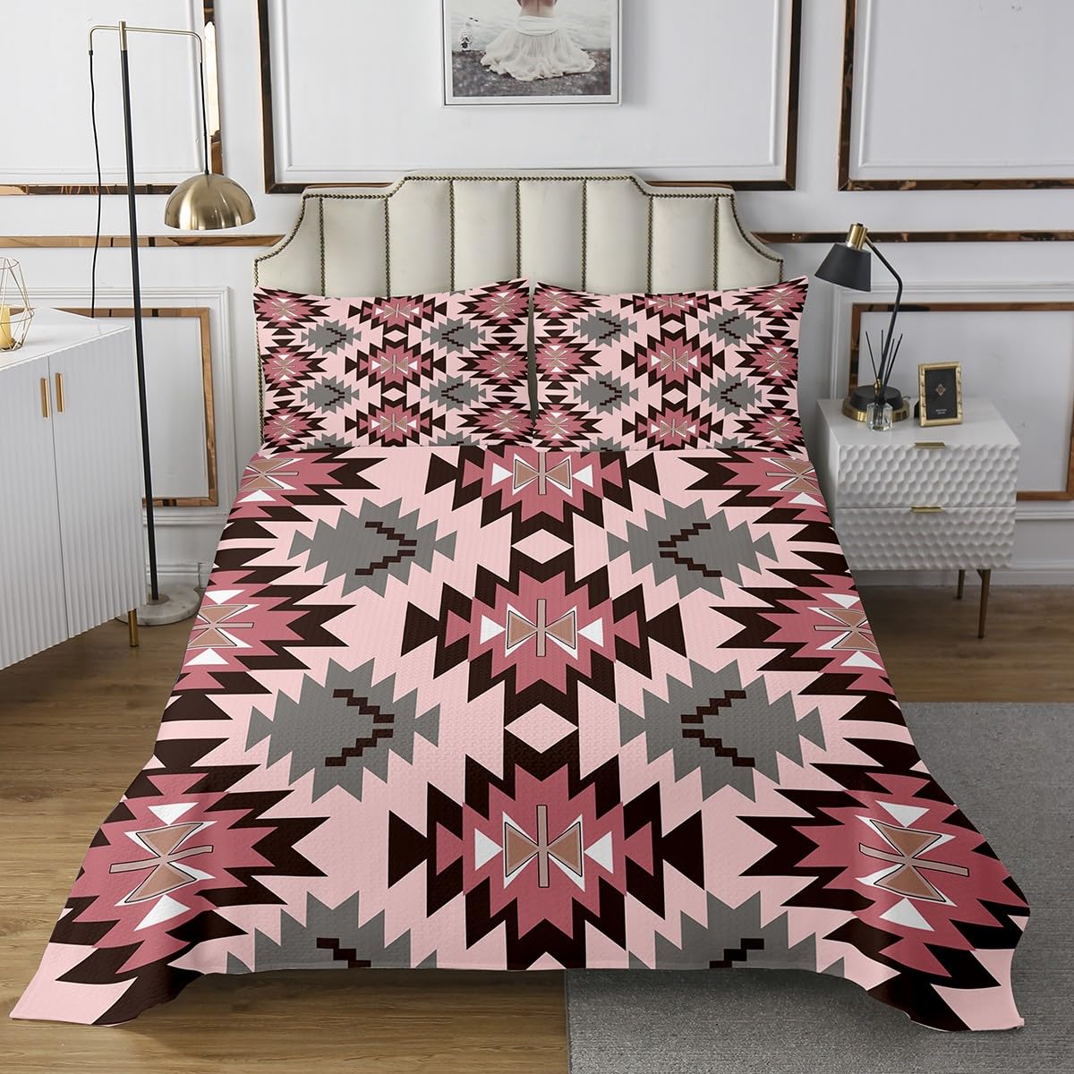 jejeloiu Southwest Native Bedspread Southwestern Geometric Bedspread for Kids Boys Girls Tribal Coverlet Set Pink Gray Quilted with 2 Pillowcases 3Pcs Bedding King