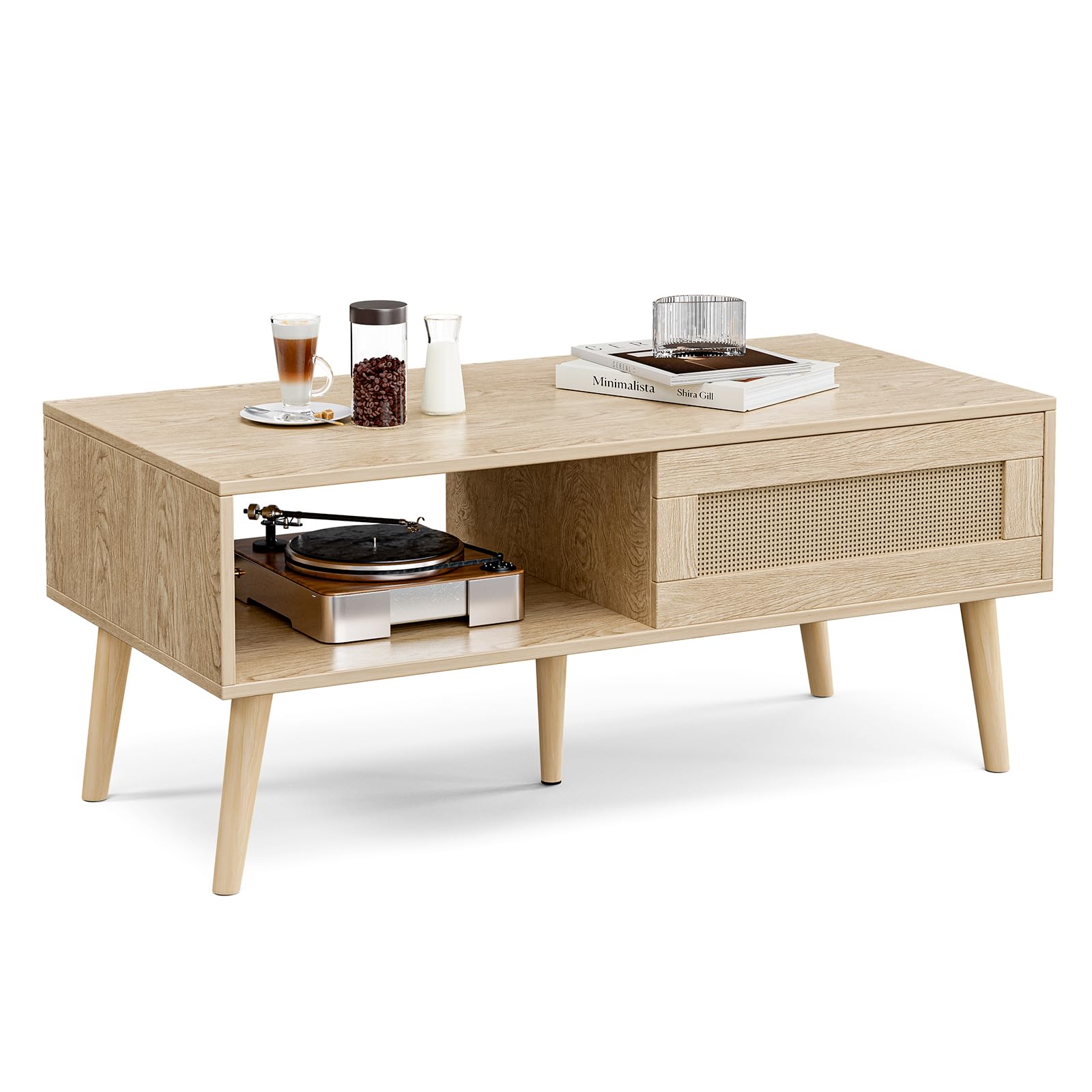 Mesa de centro de madera con almacenamiento, mesa de comedor bohemia con panel de puerta corrediza de ratán y patas de madera maciza, mesas de centro pequeñas para sala de estar, roble 5